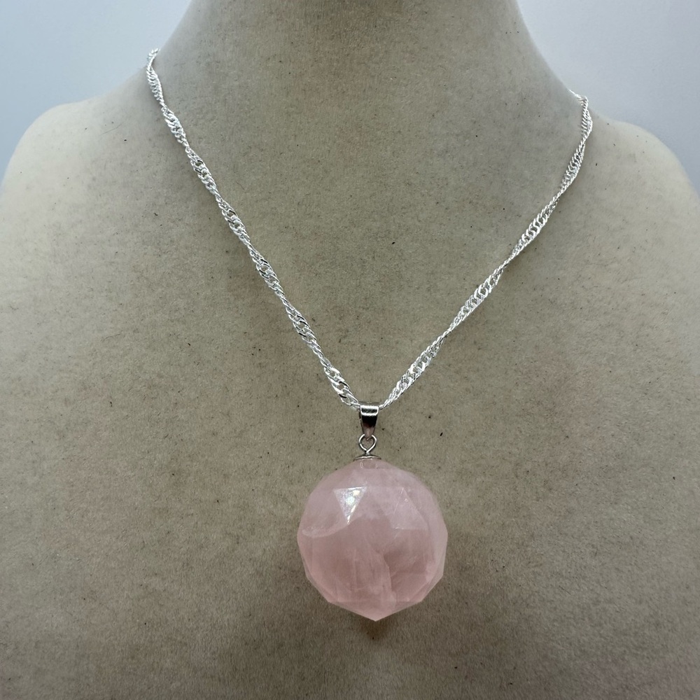 SOLD Rose Quartz 3D Round Pendant on Sterling Silver Chain - Picture 9 of 13